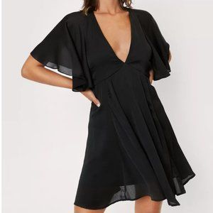 Chiffon Open Black v Neck Mini Dress - Black